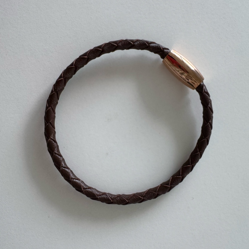 Medium Brown Braided Leather Bracelet with Magnetic Rose Gold Color Clasp